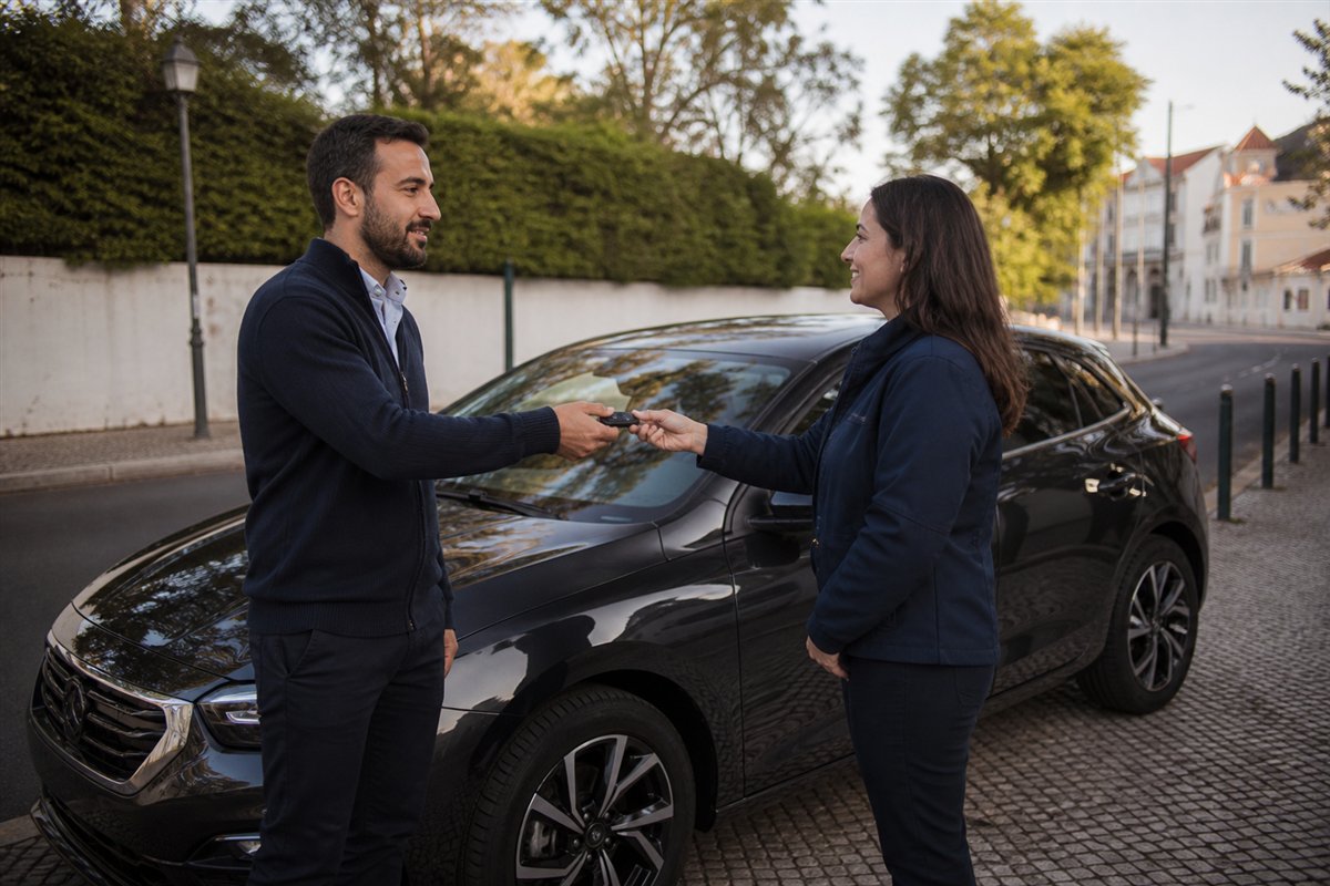 Entrega de uma chave a uma motorista junto à viatura