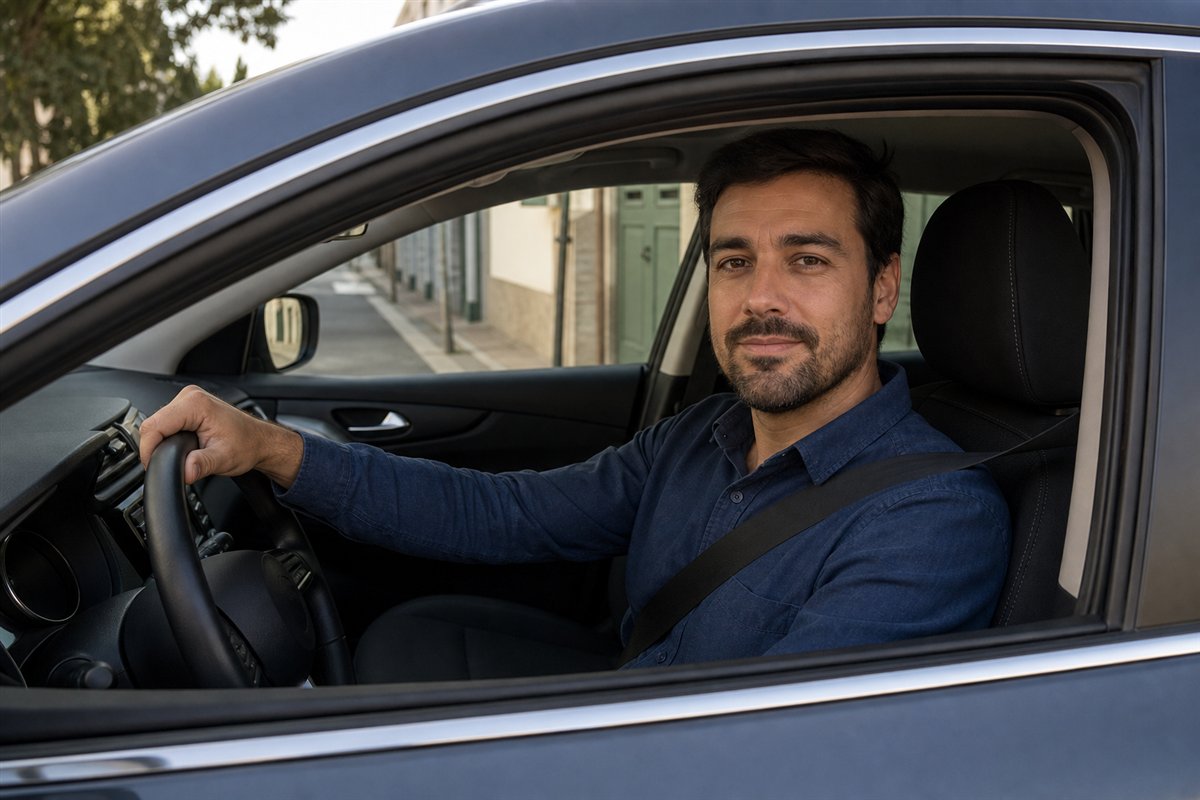 Motorista ao volante do seu carro, preparado para iniciar a atividade