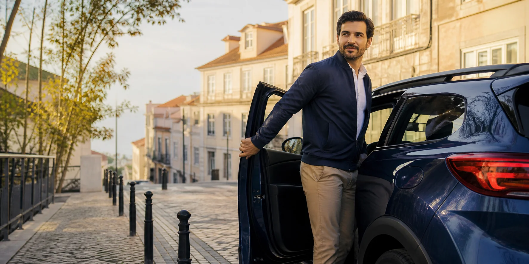 Motorista junto a um veículo numa rua urbana portuguesa